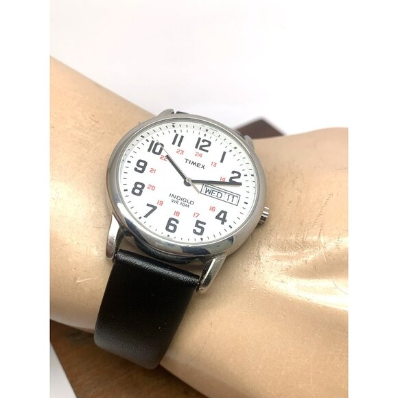 Timex Mens Watch T2N091 Indiglo White Dial Quartz Silver Case Black Leather Band - Picture 5 of 14